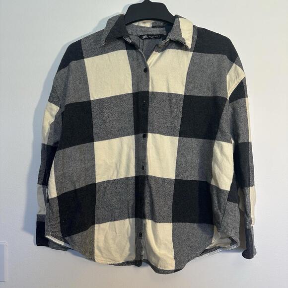 Zara Womens Dark Gray Cream Buffalo Plaid Oversized Button Top Size Medium - Picture 1 of 3